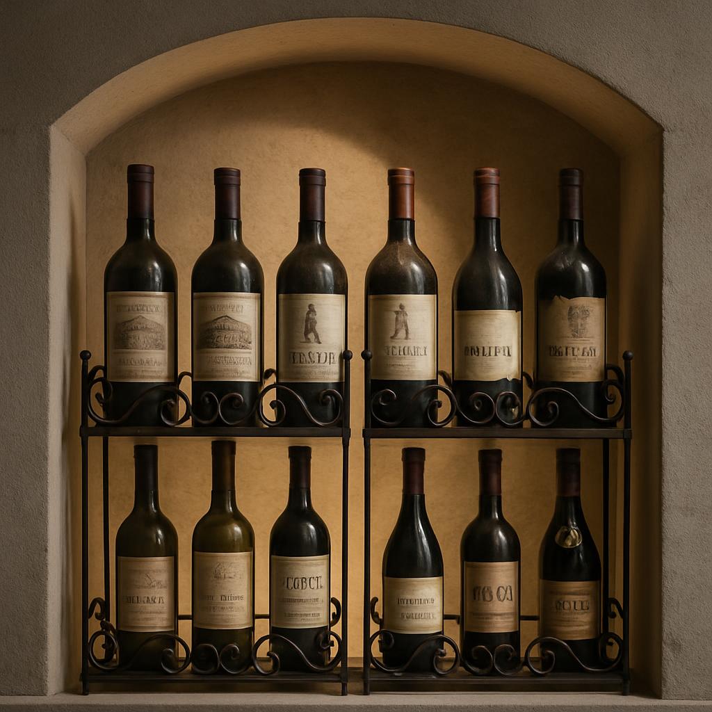 A collection of wine bottles in a decorative metal holder, set against an arched wall niche
